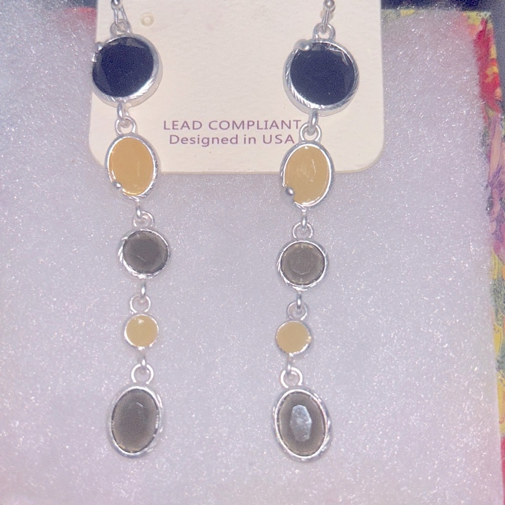 Boho hippie Yellow and Brown drop silver tone earrings